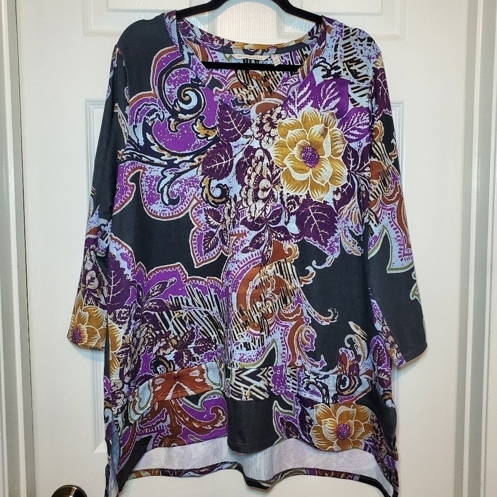 Soft Surroundings Floral Tunic Size 1X V Neck Longline Top 3/4 Sleeves